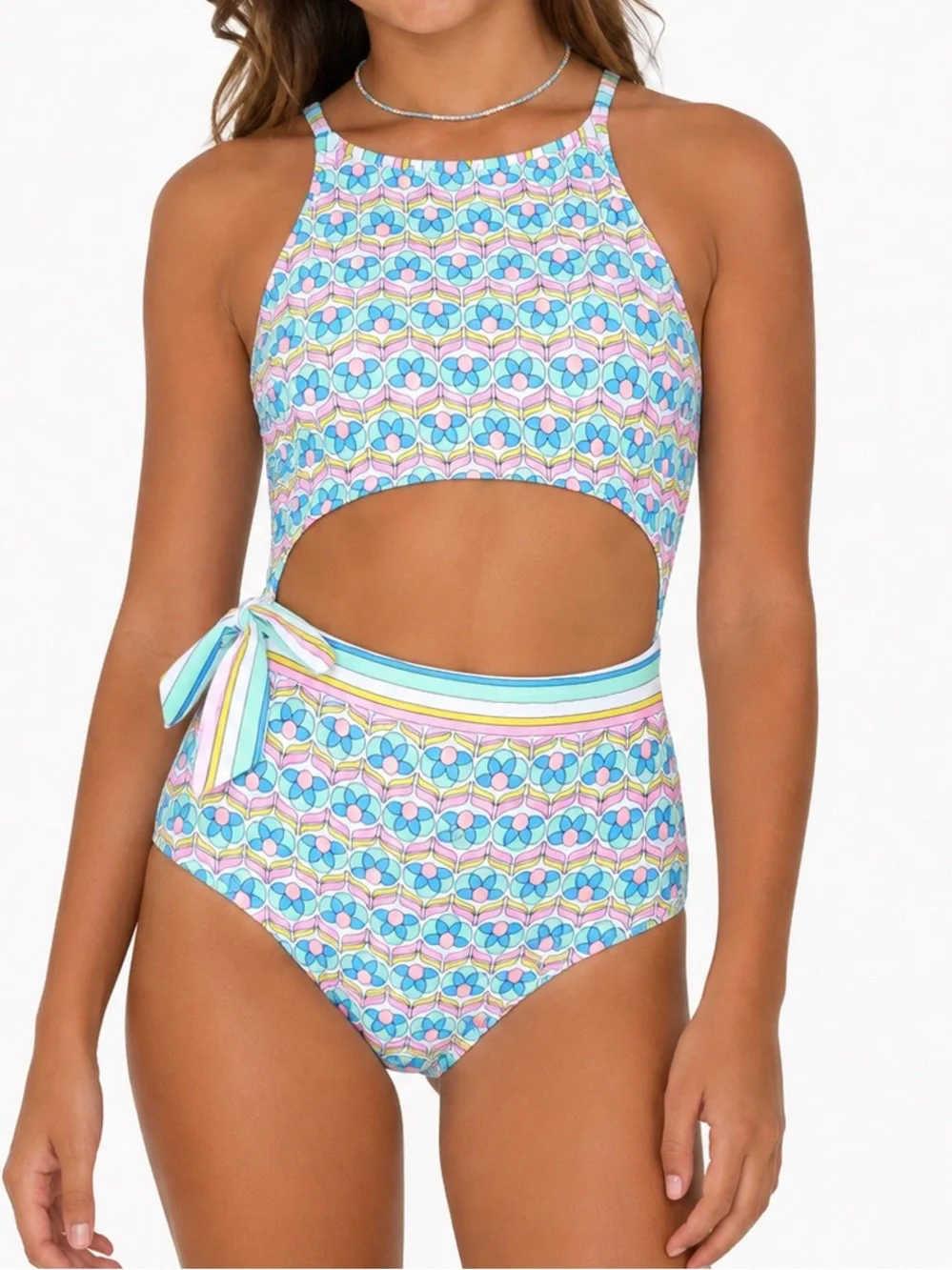 Hobie Girls Cutout One Piece Swimsuit Retro Floral Print Size 16 NWT $46